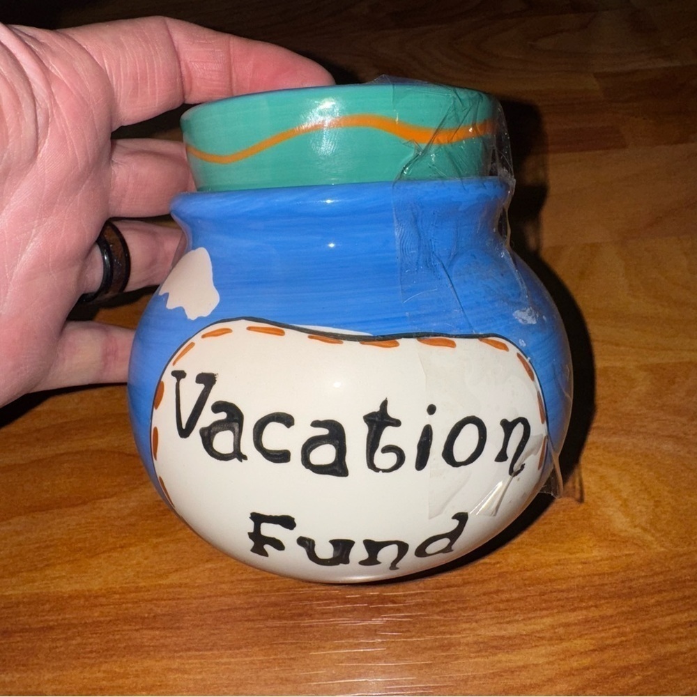 Ceramic hand painted Vacation Fund Money Jar COMES WITH LID - RARE FIND! Nice!